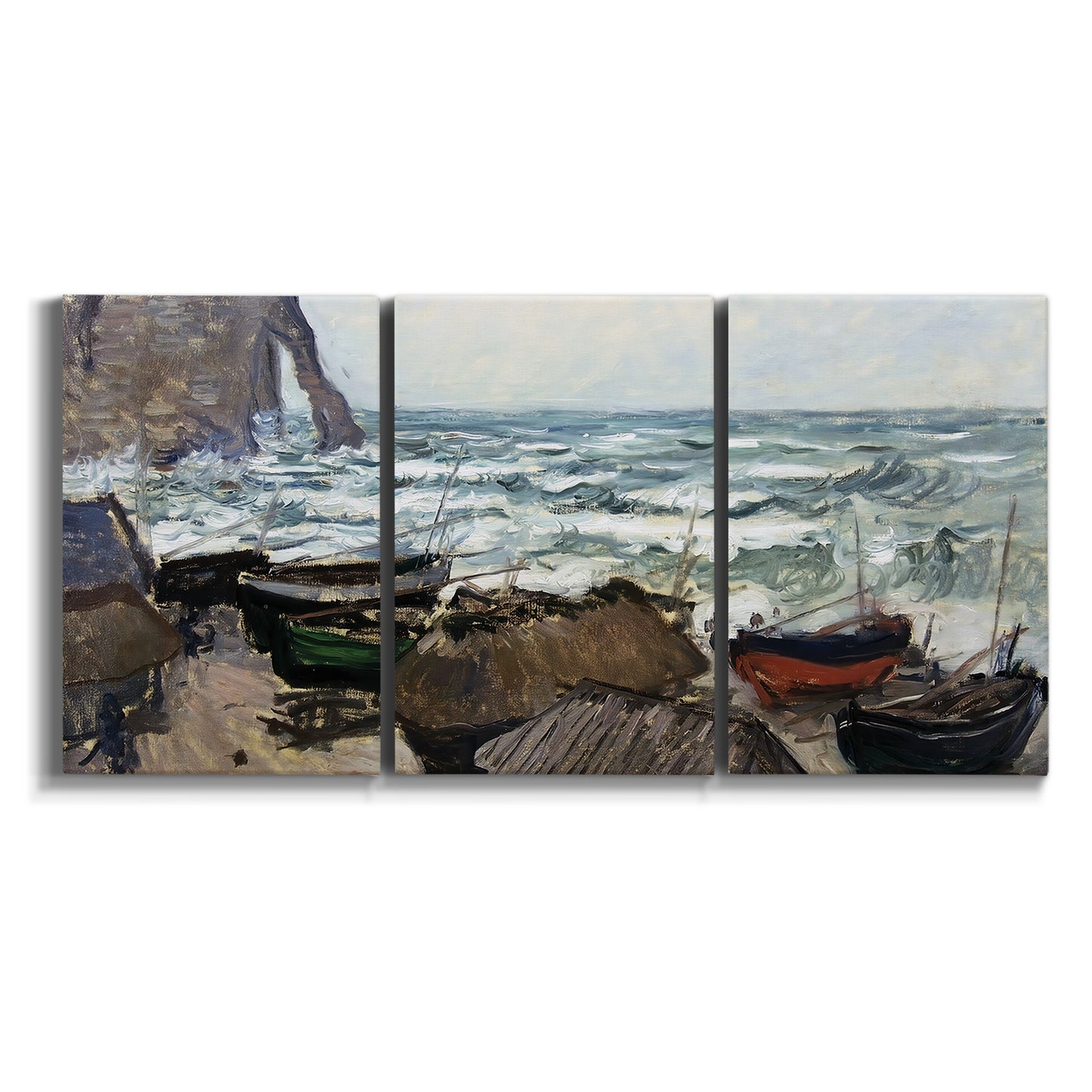 Three-panel canvas wall art featuring rough coastal seas under storm clouds on white background.