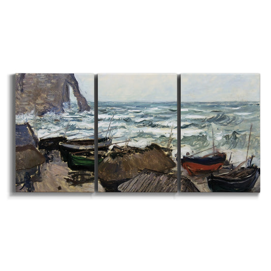 Three-panel canvas wall art featuring rough coastal seas under storm clouds on white background.