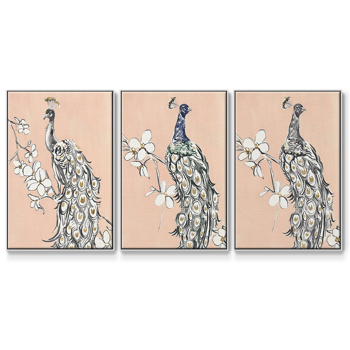 Peacock in Gold I - Framed Premium Gallery Wrapped Canvas L Frame 3 Piece Set - Ready to Hang