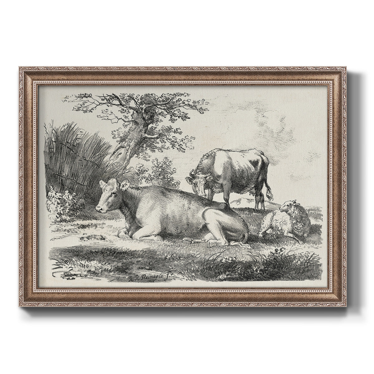 Classical pastoral landscape artwork by Nicolas Berchem printed on canvas in an ornate traditional silver frame.