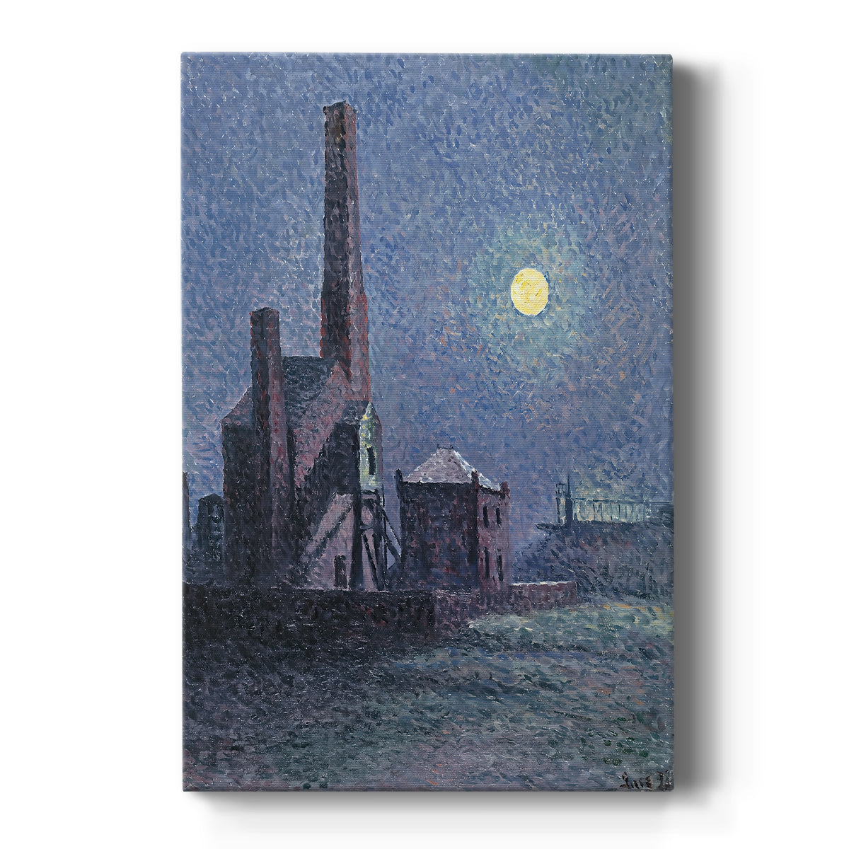 Canvas art print featuring a neo-impressionist scene of a factory under moonlight with glowing sky on a clean white background.