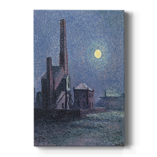 Canvas art print featuring a neo-impressionist scene of a factory under moonlight with glowing sky on a clean white background.