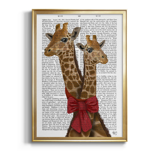 Giraffes and Bow - Modern Framed Canvas Print