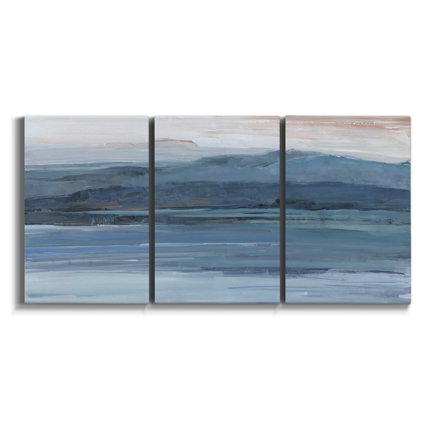Three-panel canvas wall art featuring wide lake with distant shoreline on white background.