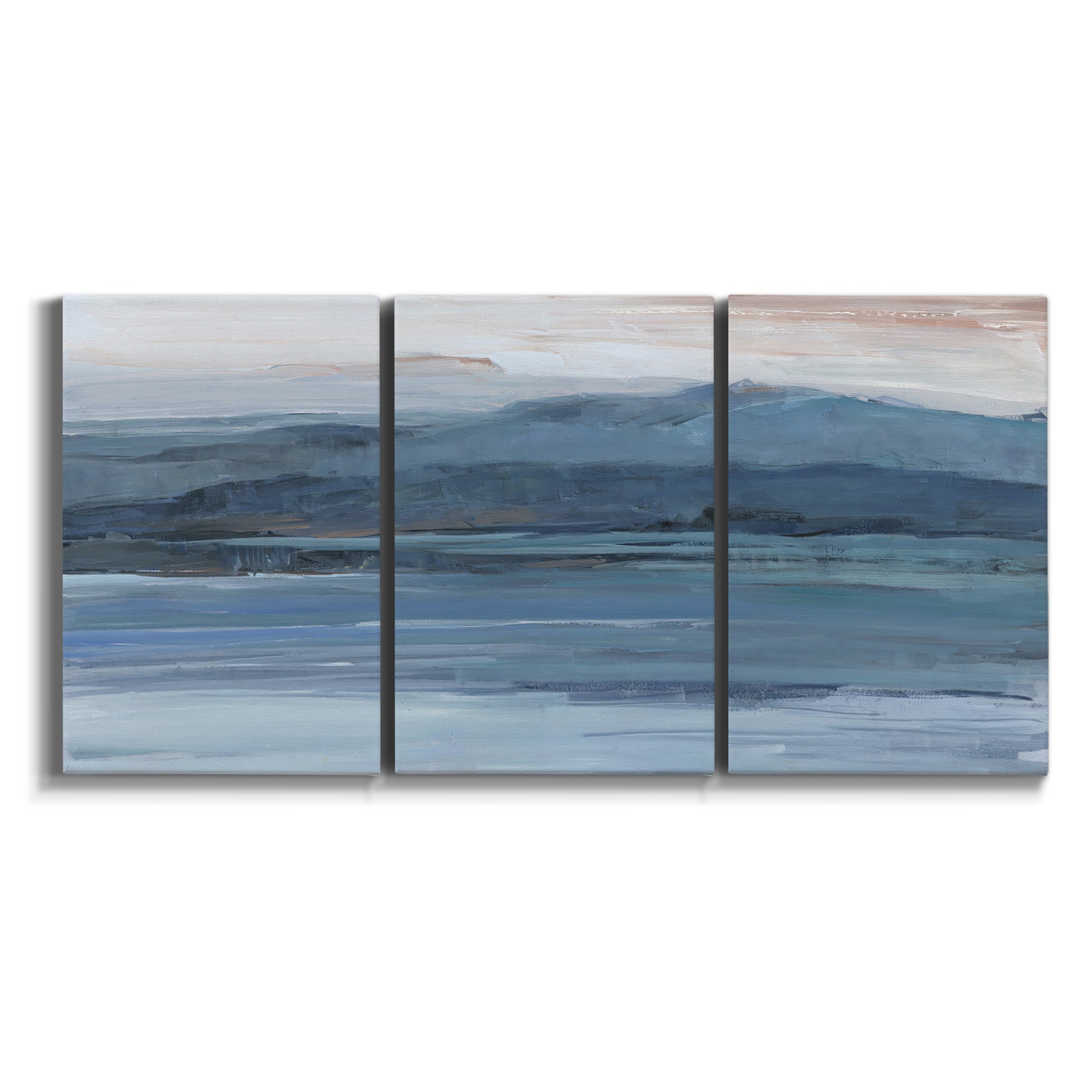Three-panel canvas wall art featuring wide lake with distant shoreline on white background.