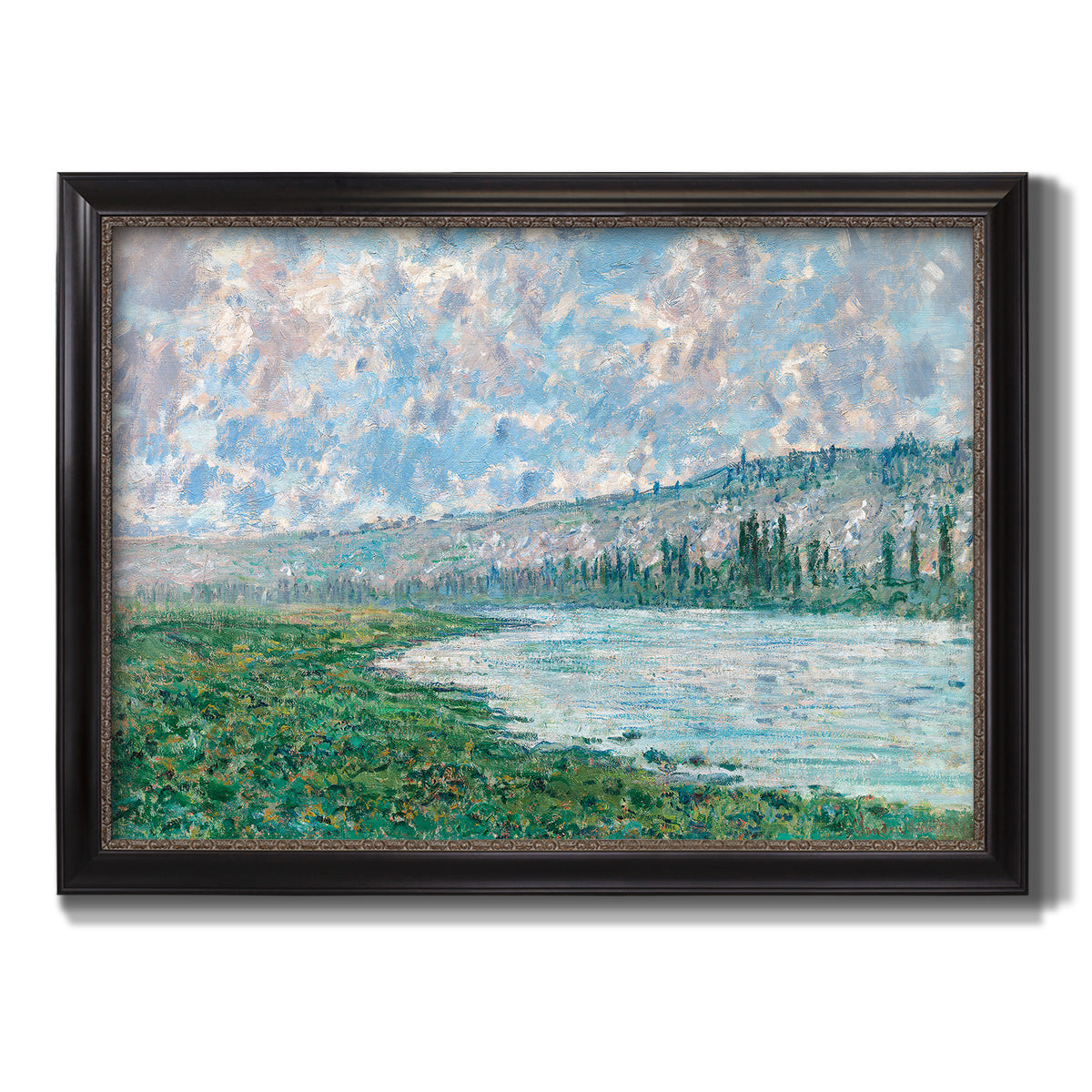 Impressionist river landscape at Vétheuil by Claude Monet printed on canvas in an ornate black frame with gilded inner detail.