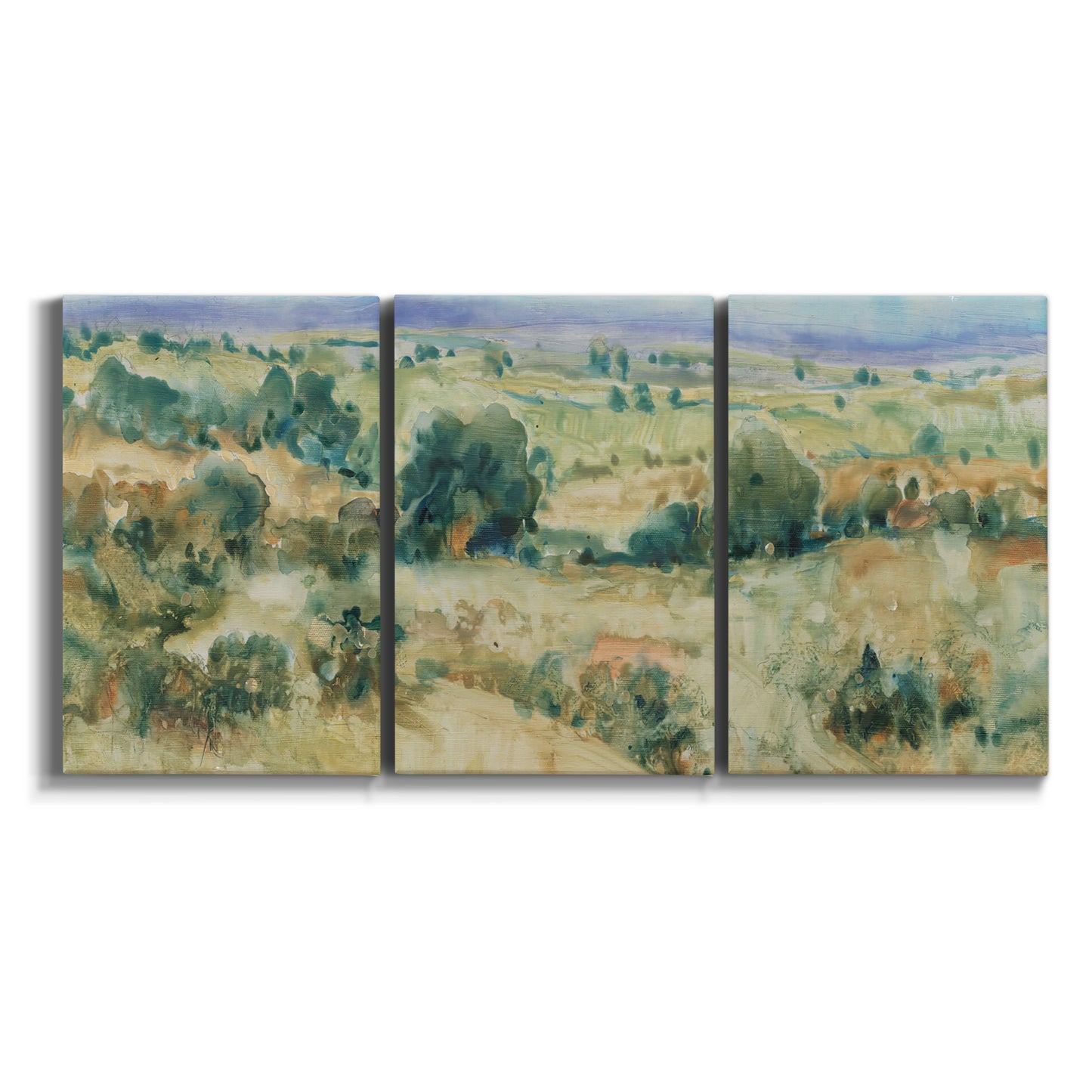 Three-panel canvas wall art featuring lavender sky over quiet landscape on white background.