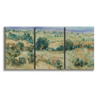 Three-panel canvas wall art featuring lavender sky over quiet landscape on white background.