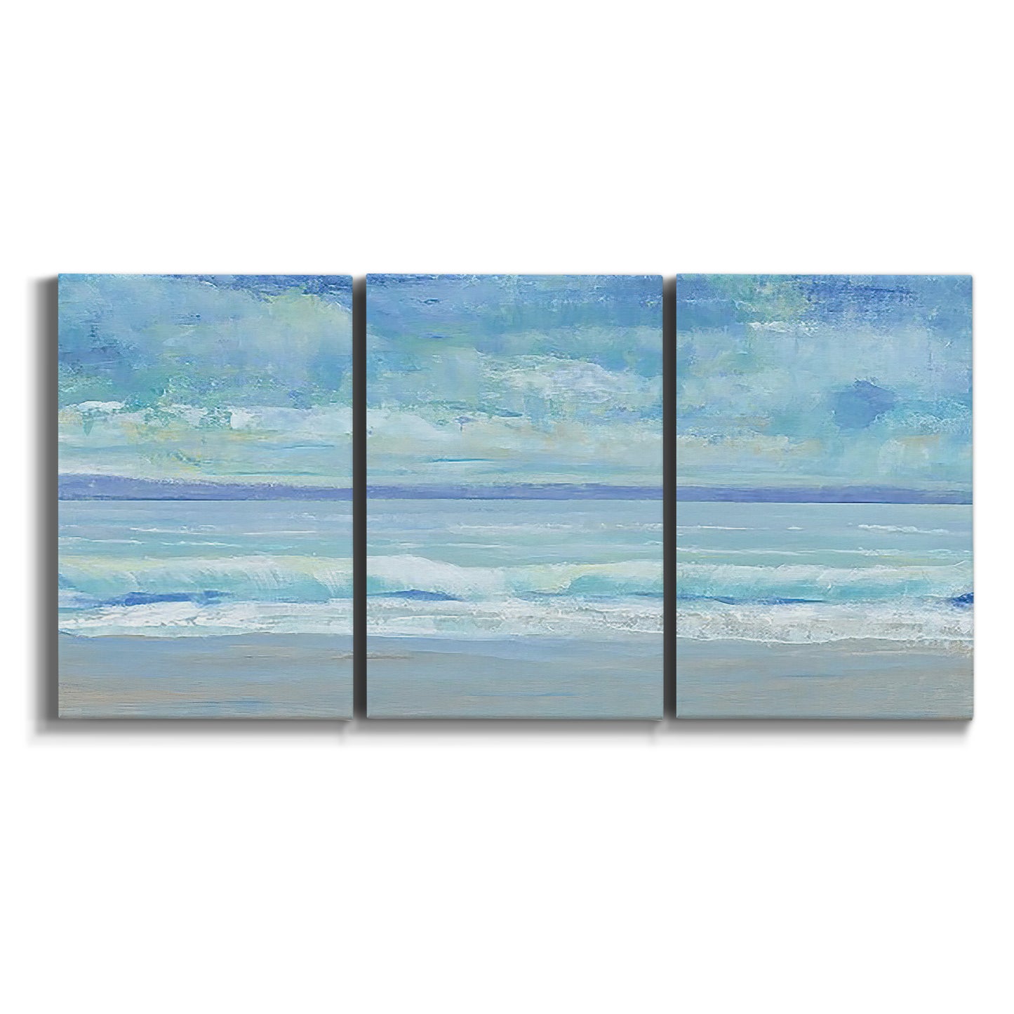 Three-panel canvas wall art featuring rolling ocean surf along shoreline on white background.