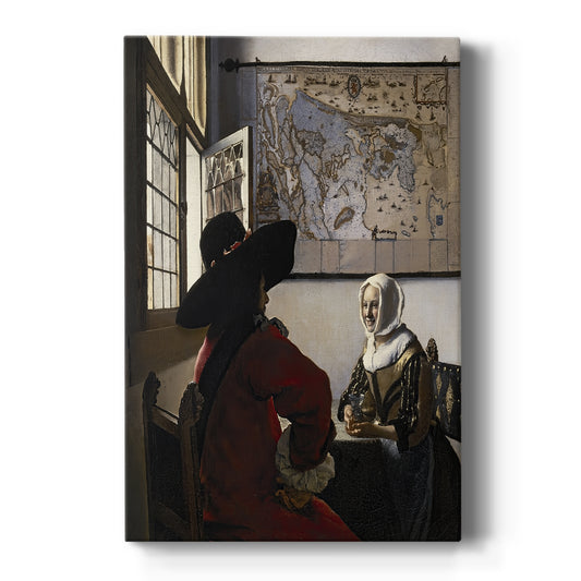 Canvas art print featuring a Baroque interior of a man and woman in conversation with soft light on a clean white background.