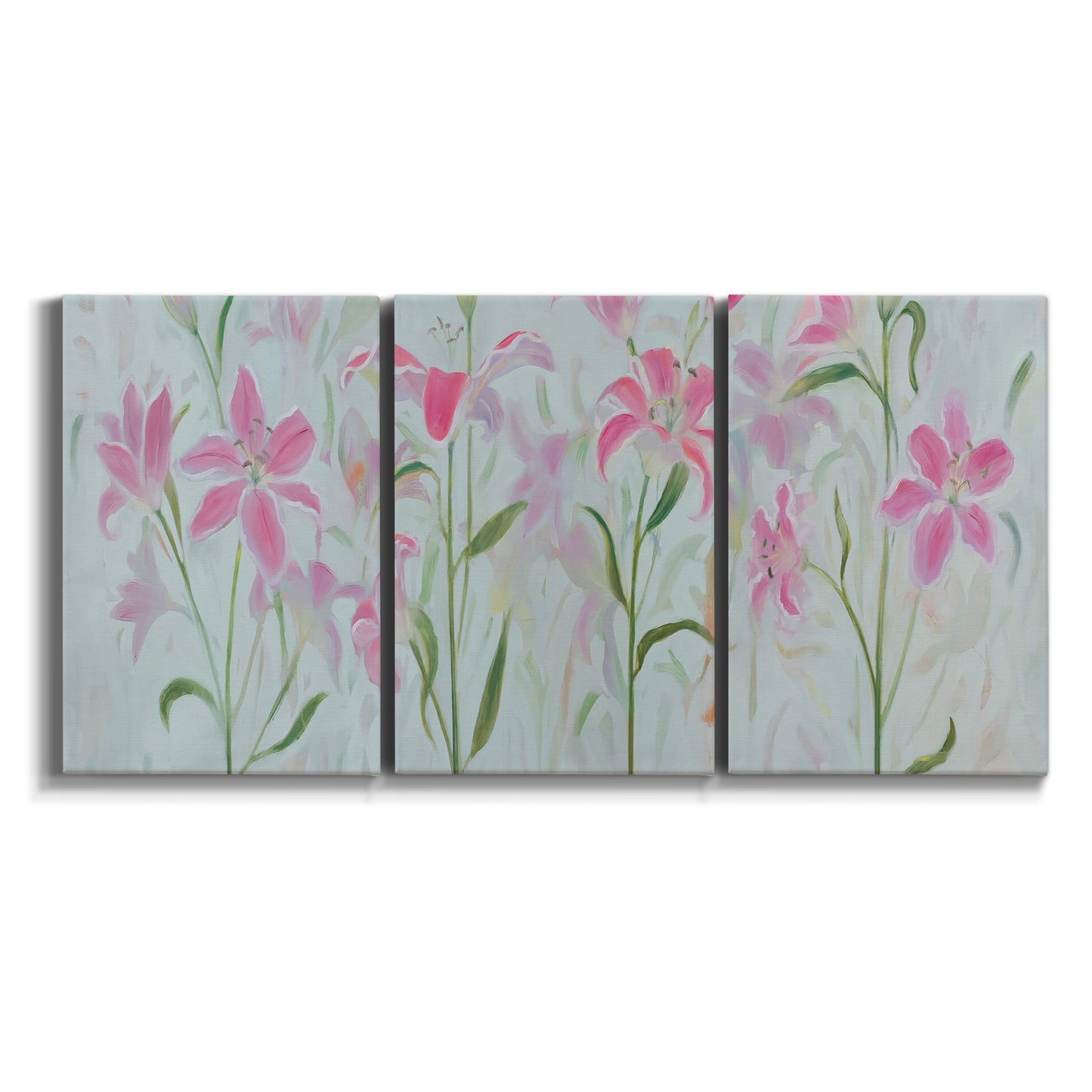 Three-panel canvas wall art featuring pink floral trio arrangement on white background.