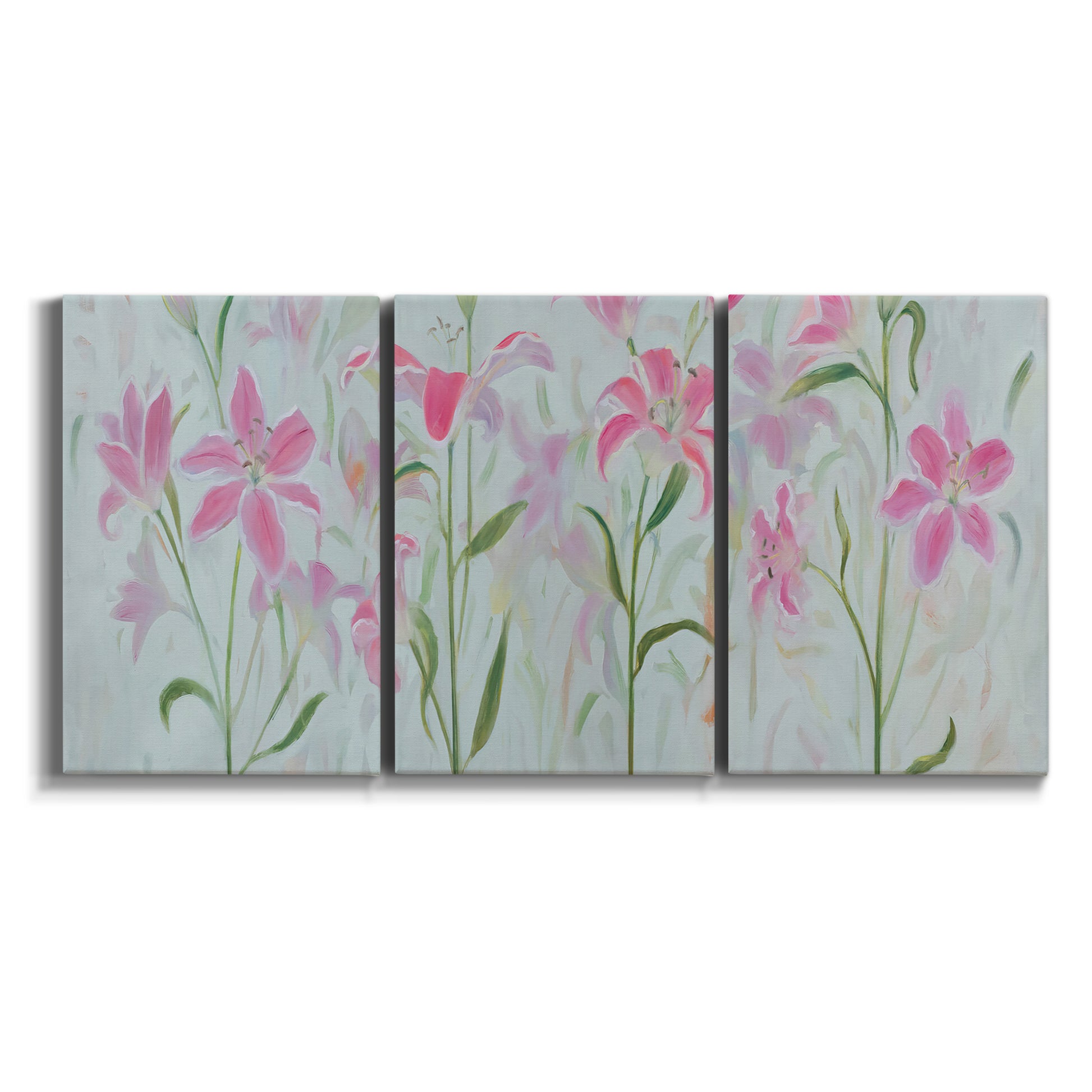 Three-panel canvas wall art featuring pink floral trio arrangement on white background.