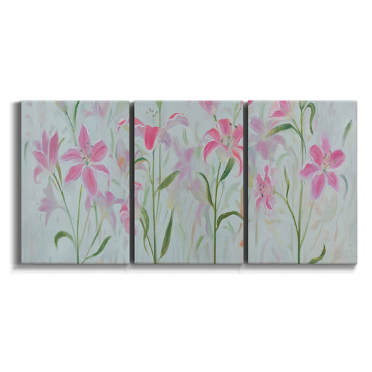 Three-panel canvas wall art featuring pink floral trio arrangement on white background.