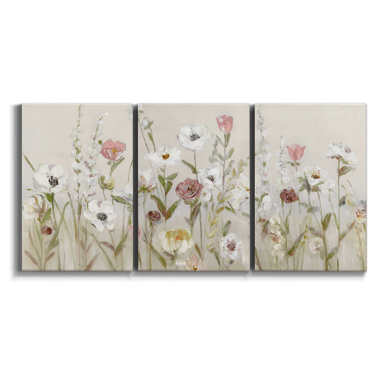 Three-panel canvas wall art featuring loose farmhouse style floral painting on white background.