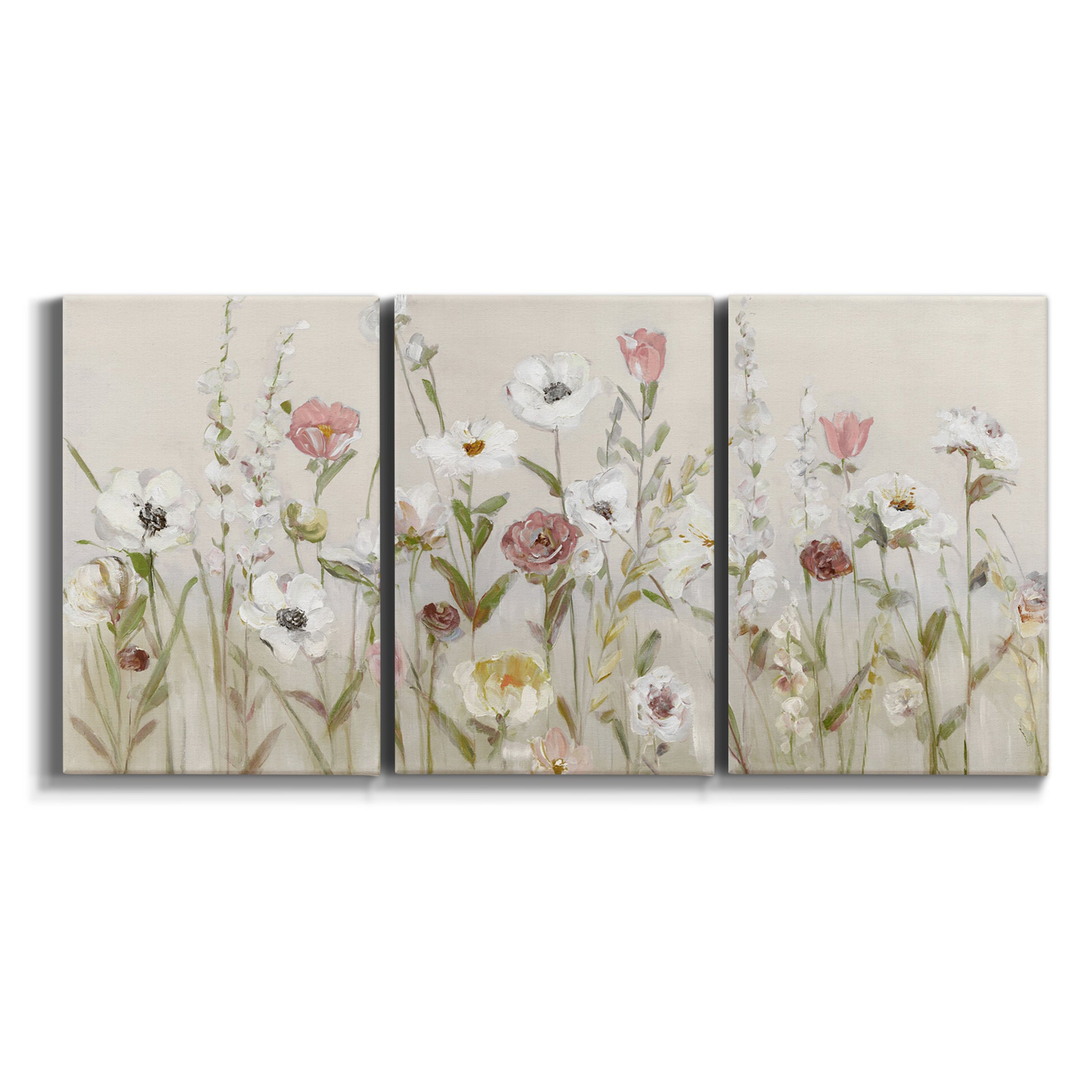 Three-panel canvas wall art featuring loose farmhouse style floral painting on white background.
