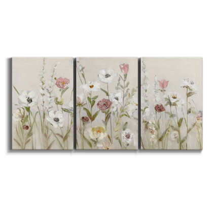 Three-panel canvas wall art featuring loose farmhouse style floral painting on white background.