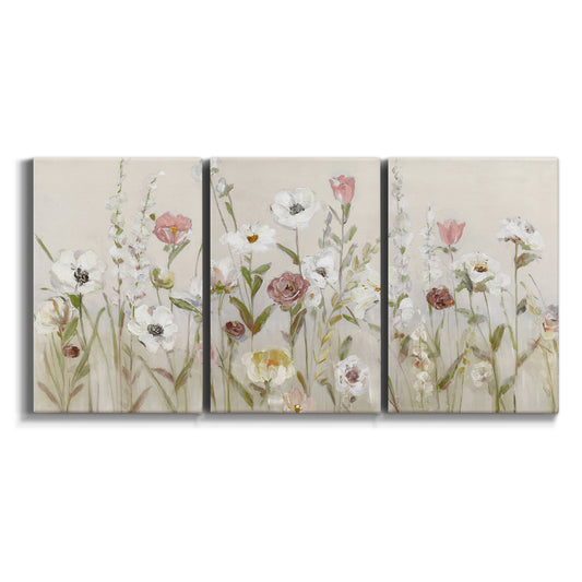 Three-panel canvas wall art featuring loose farmhouse style floral painting on white background.