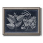 Decorative botanical foliage drawing on navy background printed on canvas in an ornate vintage silver frame.