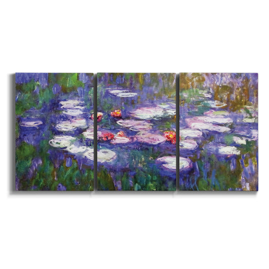 Three-panel canvas wall art featuring purple and blue water lily pond on white background.