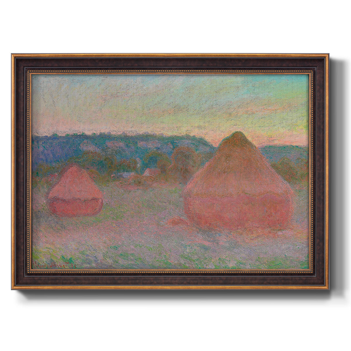 Impressionist haystack series landscape by Claude Monet printed on canvas in an ornate bronzed mahogany wood frame.