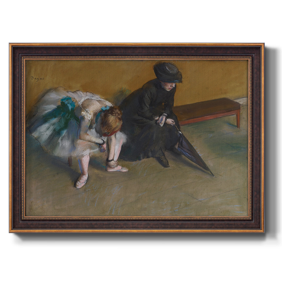 Impressionist portrait of a seated woman by Edgar Degas printed on canvas in an ornate bronzed mahogany wood frame.