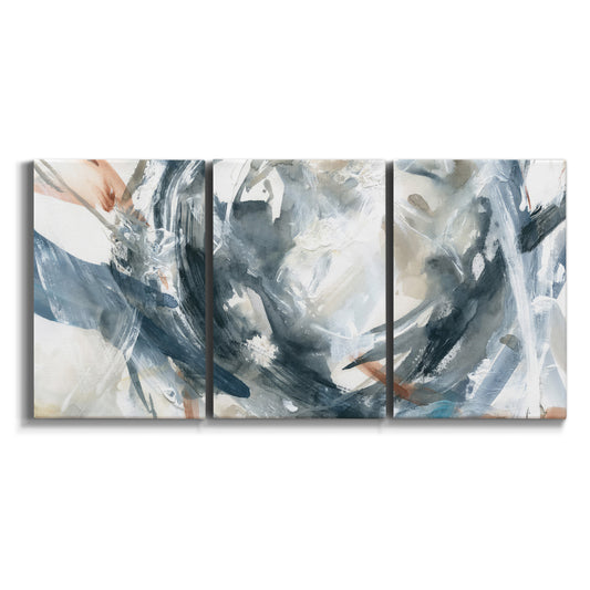 Three-panel canvas wall art featuring repeating abstract geometric array on white background.