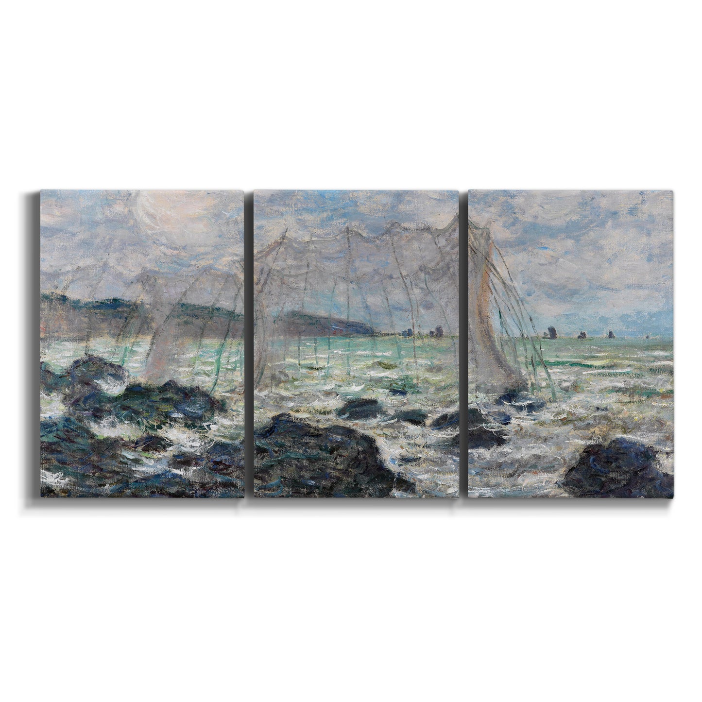 Three-panel canvas wall art featuring rough seas along rocky coast on white background.