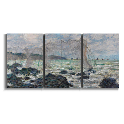Three-panel canvas wall art featuring rough seas along rocky coast on white background.
