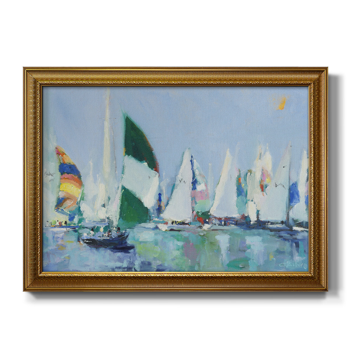 Coastal harbor watercolor painting printed on canvas in an ornate traditional gold frame.