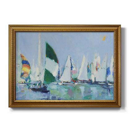 Coastal harbor watercolor painting printed on canvas in an ornate traditional gold frame.