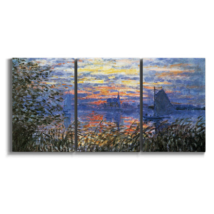 Three-panel canvas wall art featuring river sunset with reflections on white background.