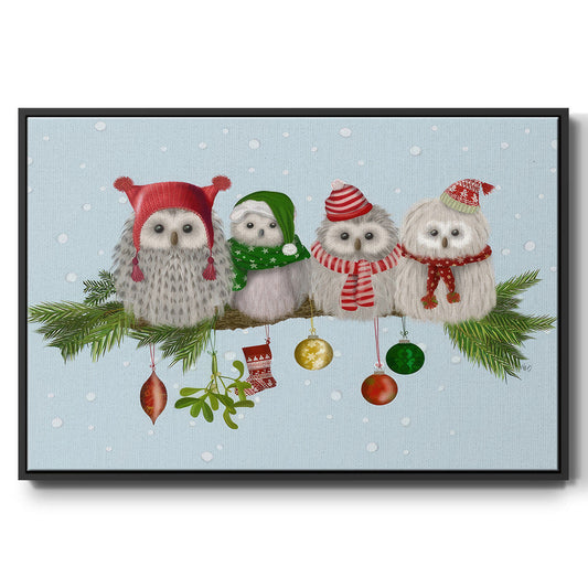 Christmas Fluffy Christmas Owls on Branch - Framed Gallery Wrapped Canvas in Floating Frame