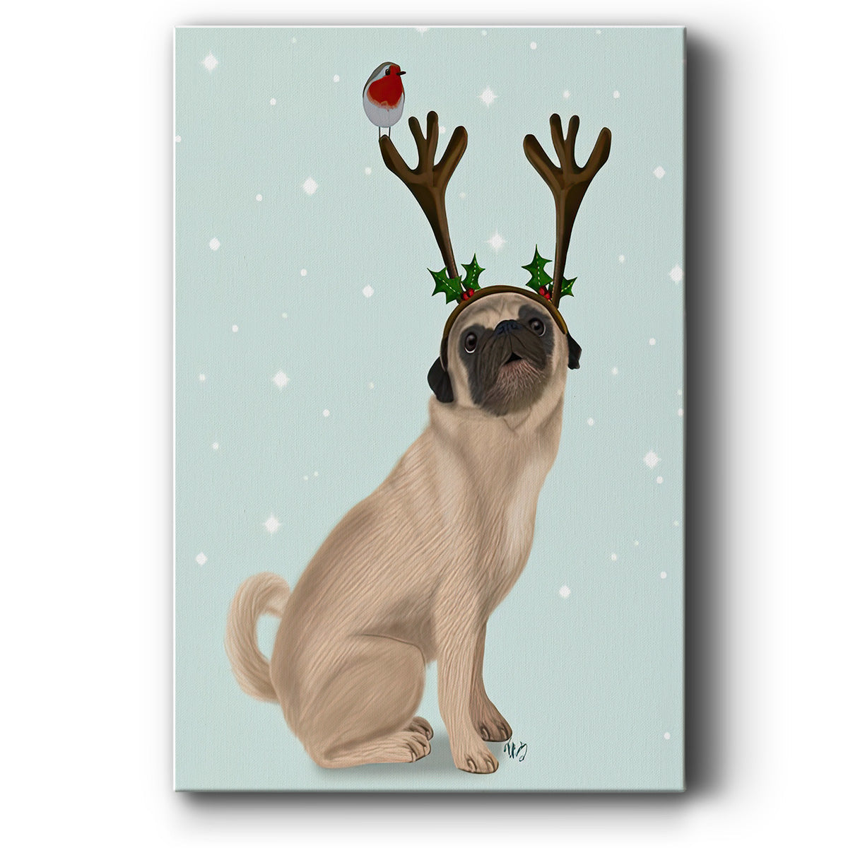 Christmas Pug with Antlers and Robin - Gallery Wrapped Canvas