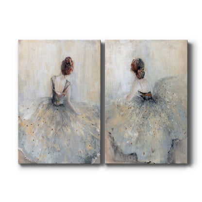 Set of two vertical canvas prints featuring serene feminine portrait artwork in soft neutral tones, displayed side by side.