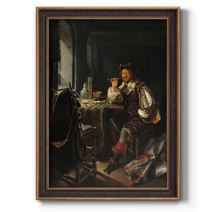 Classical portrait of a soldier smoking a pipe by Frans van Mieris the Elder printed on canvas in an ornate weathered white frame with a vertical orientation.