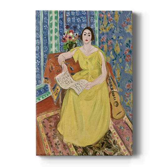 Canvas art print featuring a fauvist portrait of a seated woman in a yellow dress with bold color contrast on a clean white background.