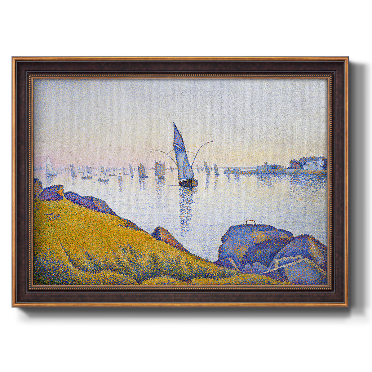 Impressionist coastal harbor at dusk by Paul Signac printed on canvas in an ornate bronzed mahogany wood frame.