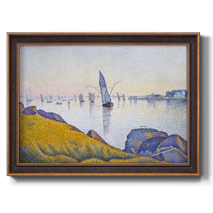 Impressionist coastal harbor at dusk by Paul Signac printed on canvas in an ornate bronzed mahogany wood frame.
