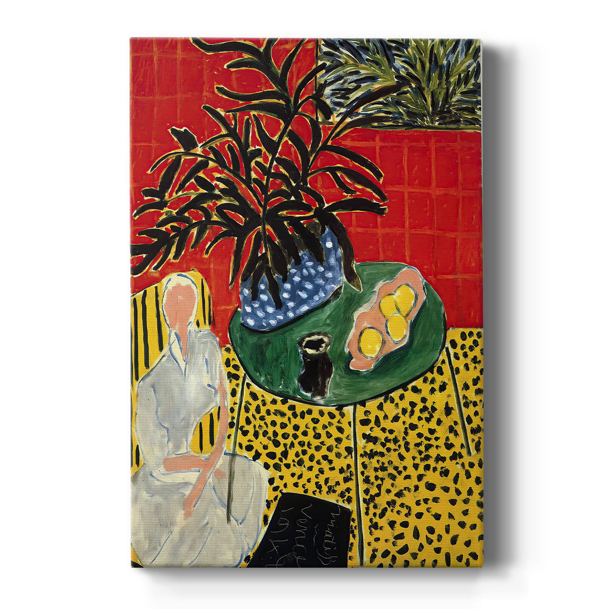 Canvas art print featuring a fauvist interior scene with a black fern and patterned decorative background on a clean white background.