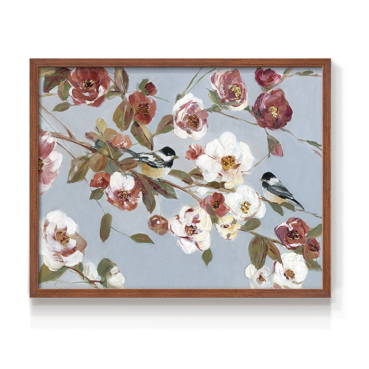Chickadees and Blossoms II - Restickable Framed Art Print