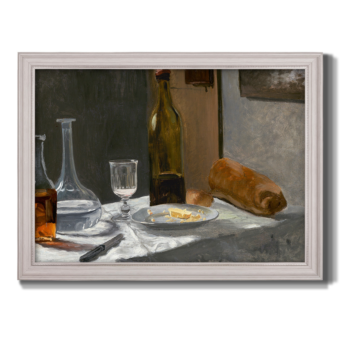 Impressionist still life with wine and bread by Claude Monet printed on canvas in an ornate weathered white frame.