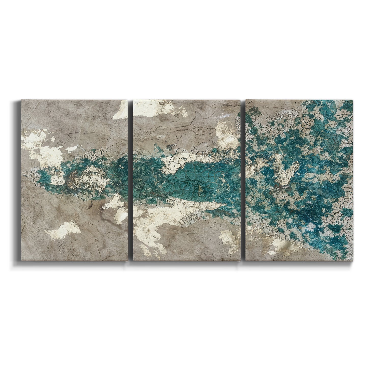 Three-panel canvas wall art featuring layered mineral abstract textures on white background.