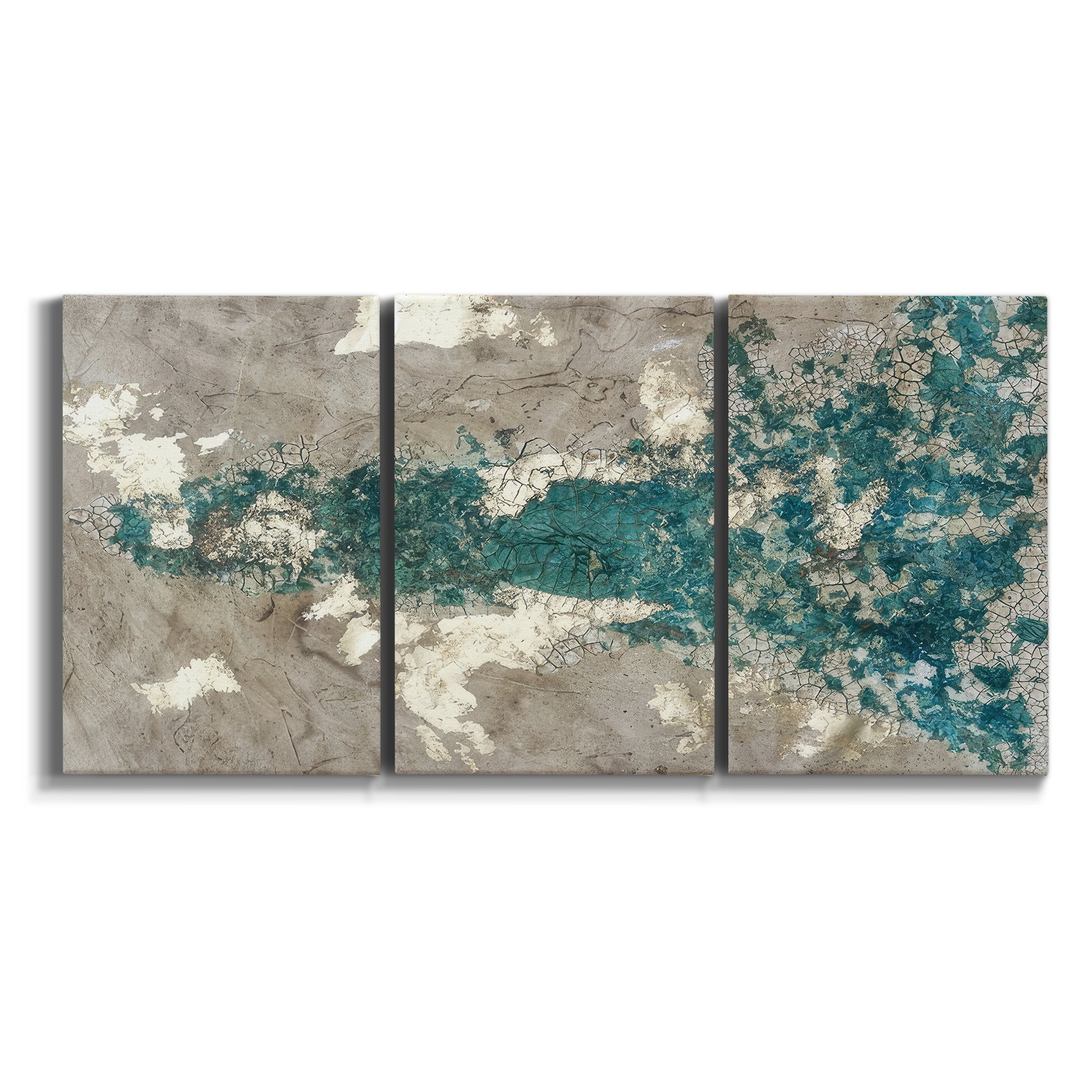 Three-panel canvas wall art featuring layered mineral abstract textures on white background.