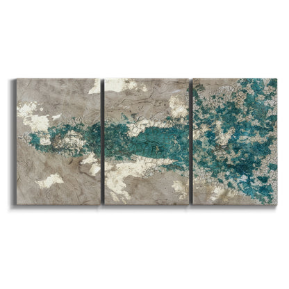 Three-panel canvas wall art featuring layered mineral abstract textures on white background.