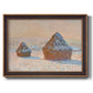 Impressionist winter haystack scene by Claude Monet printed on canvas in an ornate bronzed mahogany wood frame.