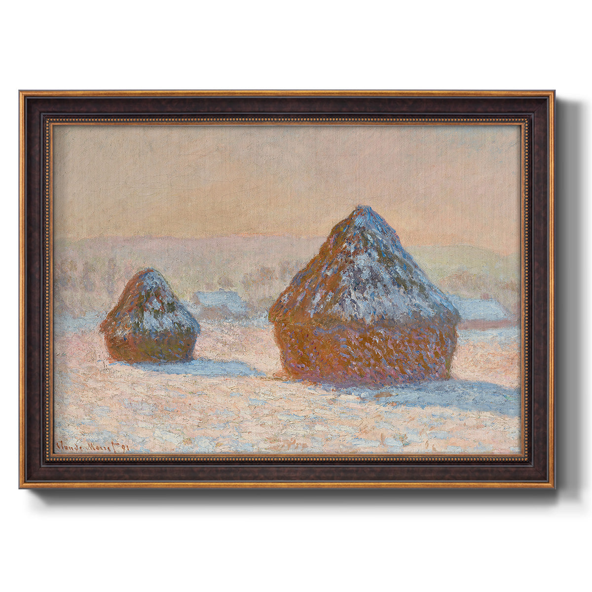 Impressionist winter haystack scene by Claude Monet printed on canvas in an ornate bronzed mahogany wood frame.