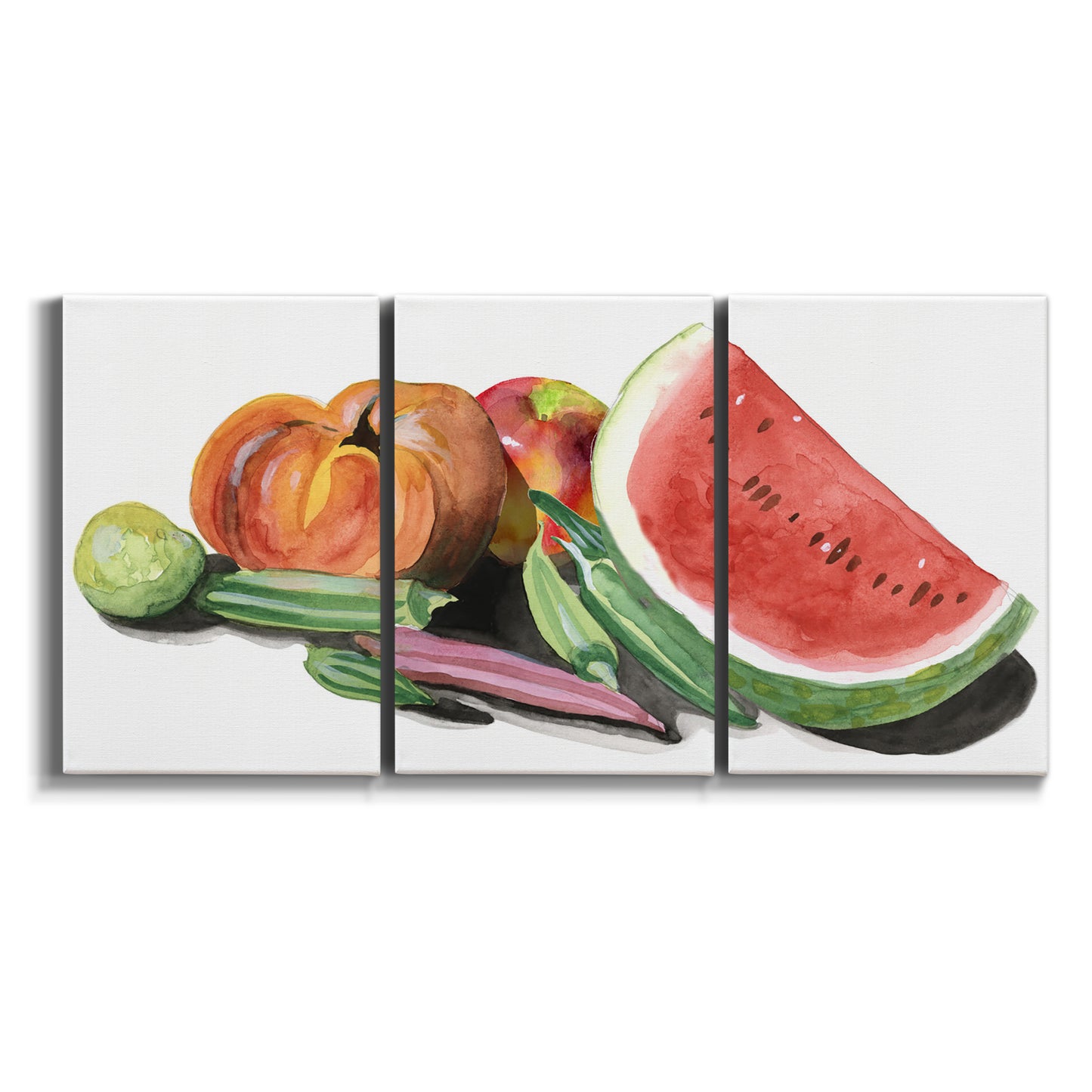Three-panel canvas wall art featuring impressionist market still life on white background.