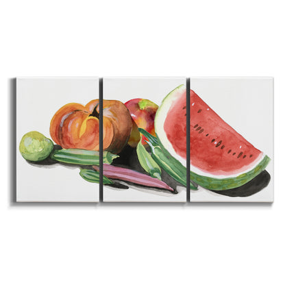 Three-panel canvas wall art featuring impressionist market still life on white background.