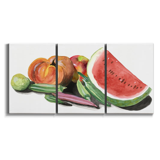 Three-panel canvas wall art featuring impressionist market still life on white background.