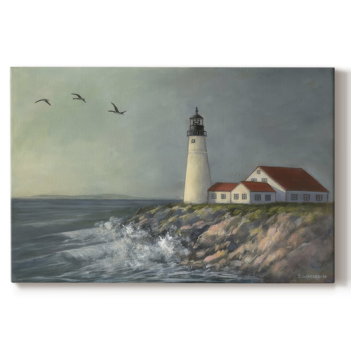 Lighthouse stands tall against crashing waves at a coastal location with birds flying overhead during a calm day